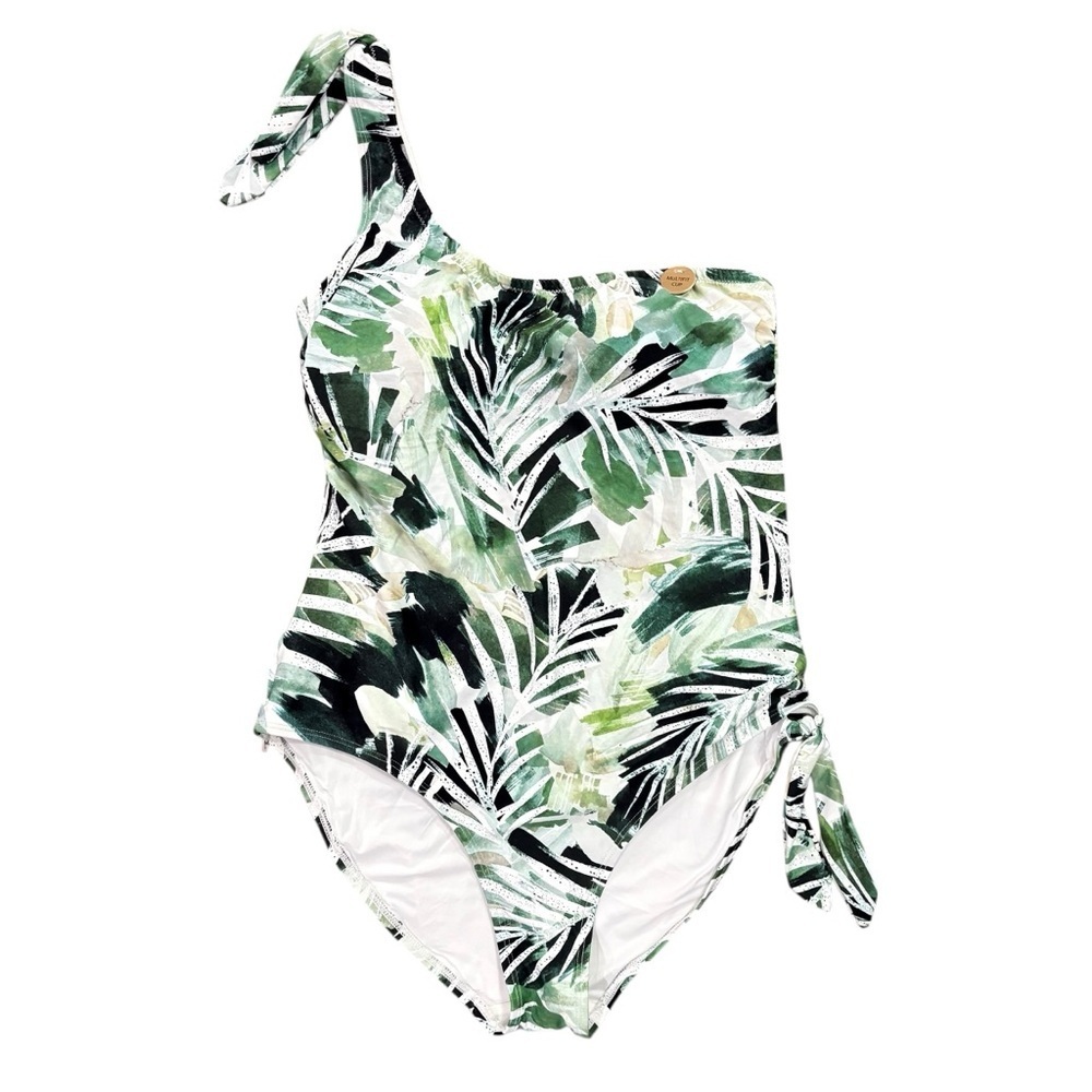 Nip Tuck One Shoulder One Piece Swimsuit Tummy Control Green Palm Leaf Size 10